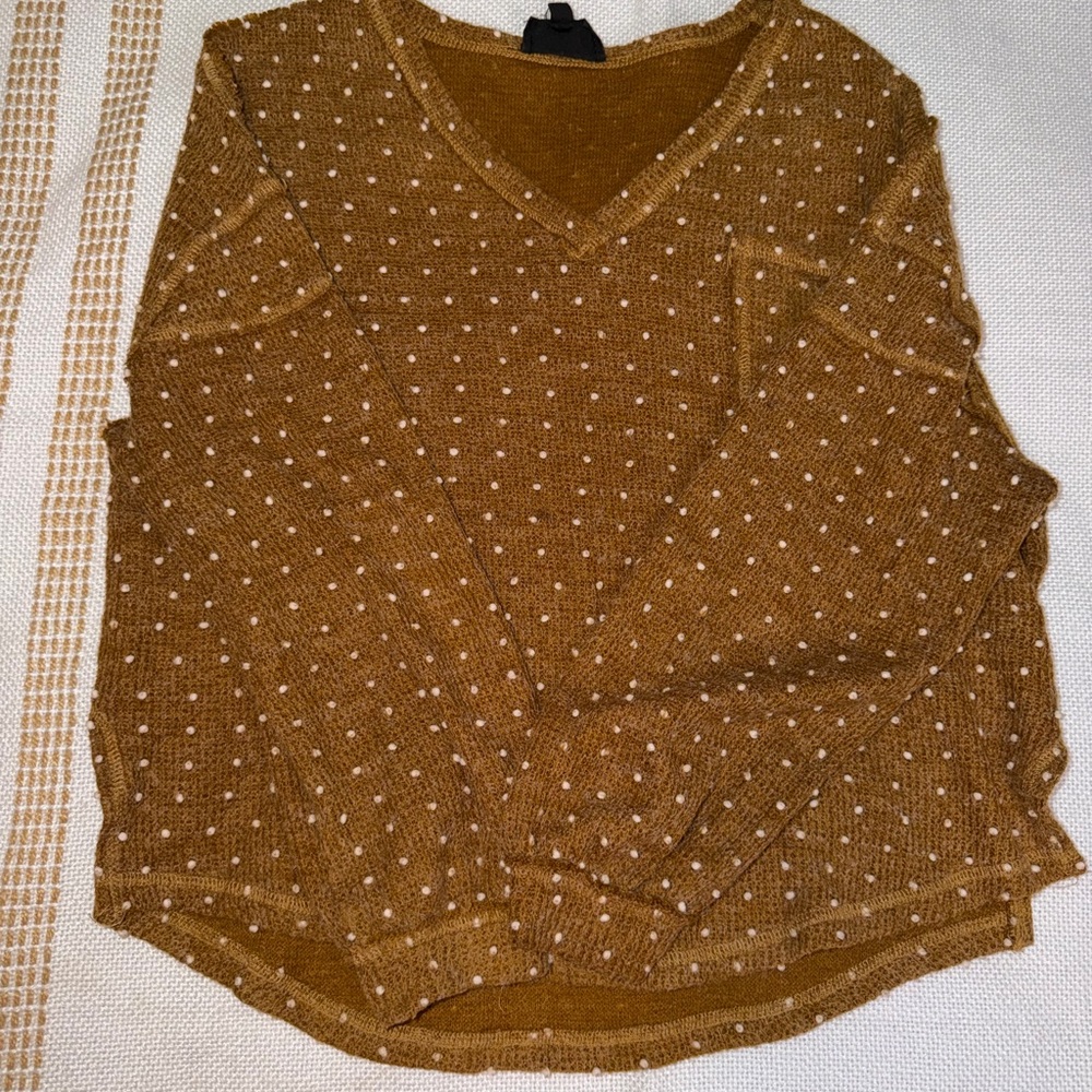 Elegant Mustard Polka Dot V-Neck Long Sleeve Top